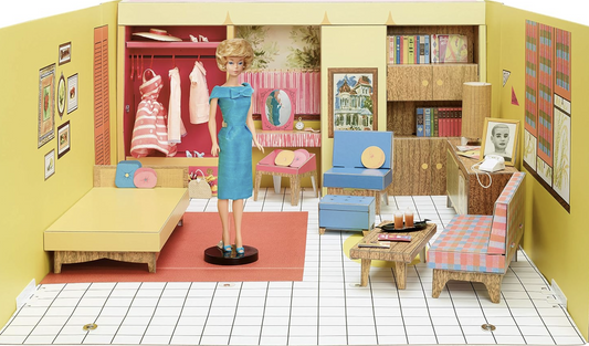Mattel Barbie 1962 Dream House reproduction GNC38 displayed with Bubblecut Barbie doll, furniture, wardrobe and accessories