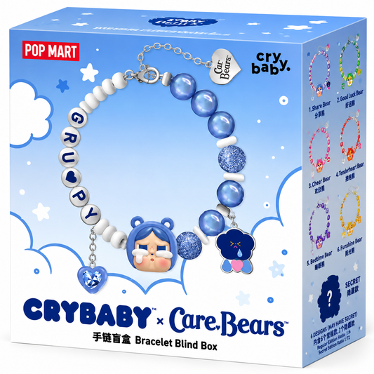 POP MART CRYBABY x Care Bears Bracelet Blind Box original packaging showing collectible bracelet series