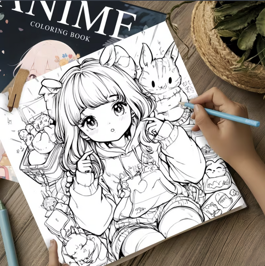 Open anime colouring book showing detailed black-and-white manga girl and cute animal illustration.