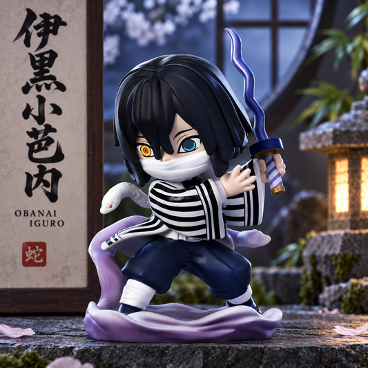 POP MART Demon Slayer Battle Series Obanai Iguro figure displayed against a Japanese garden themed background