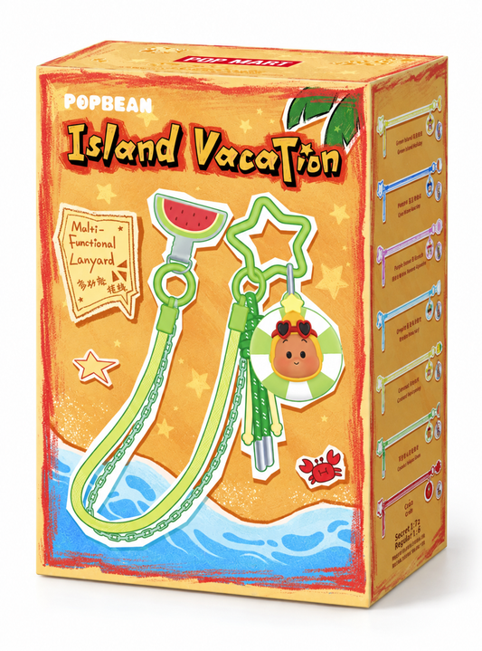 POP MART POP BEAN Island Vacation Series Multi-Functional Lanyard blind box packaging with tropical beach artwork.