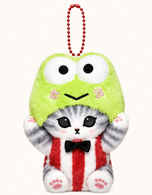Mofusand cat plush keychain dressed as Keroppi in a green frog hood and red striped outfit
