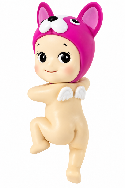 Sonny Angel HIPPERS Looking Back Series French Bulldog confirmed figure wearing a bright pink French Bulldog hood