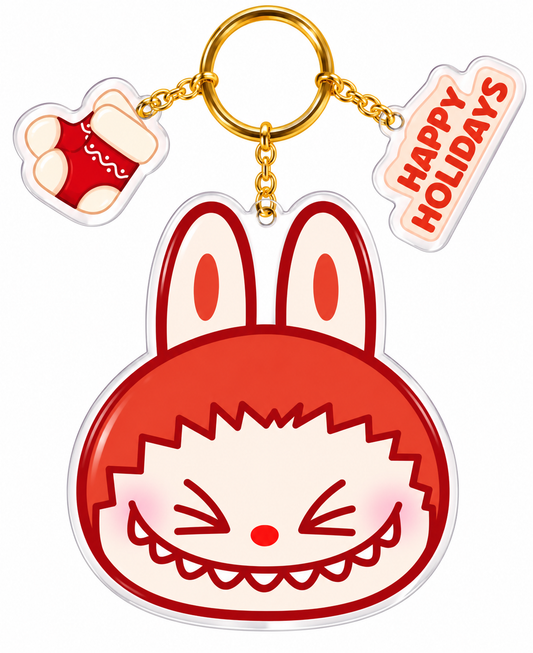 Pop Mart Christmas Labubu acrylic mirror keychain featuring red bunny ears, cheeky smiling face, gold keyring, Christmas stocking and Happy Holidays charms.
