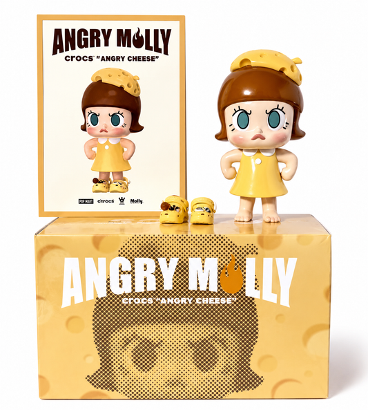 POP MART Angry MOLLY x Crocs Angry Cheese 16cm figure with original box and accessories on white background