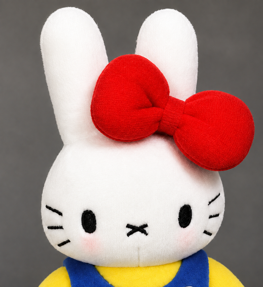 Close-up of white mini bunny plush with long ears, embroidered face, pink cheeks and oversized red bow.