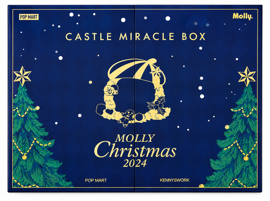 Pop Mart MOLLY Castle Miracle Box Christmas 2024 navy blue and gold collector's gift box featuring Christmas trees and festive artwork.