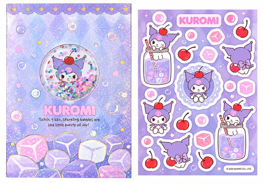 Miniso x Sanrio Colorful Summer Kuromi kawaii shaker notebook in pastel purple with glitter window and matching character sticker sheet.