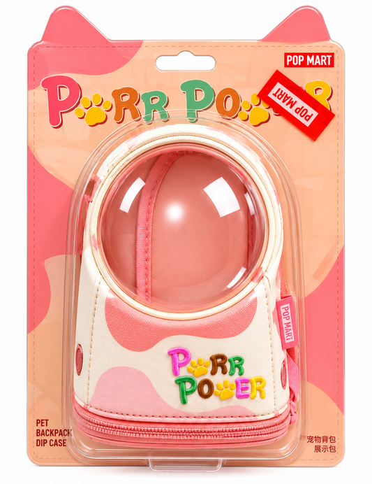 Brand new Pop Mart Meowgical Charge Purr Power pink plush doll display bag in original sealed retail blister packaging with pink cow-print design.