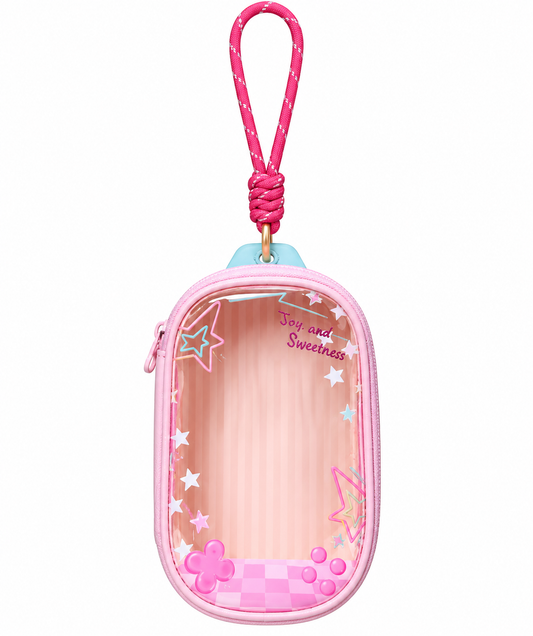 POP MART Retro FM Sugar Radio pink plush doll display bag with clear front window, star design and pink hanging strap