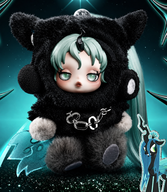 Queen Chrysalis SKULLPANDA x My Little Pony Secret plush pendant with mint green hair, black hood and silver chain