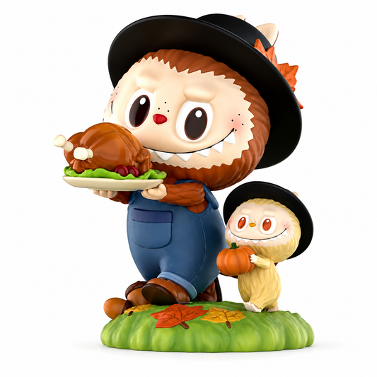 POP MART THE MONSTERS Thanksgiving Figurine featuring ZIMOMO carrying a turkey with LABUBU holding a pumpkin