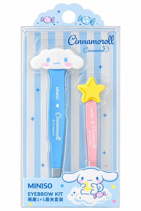 MINISO × Sanrio Cinnamoroll eyebrow tweezer kit with blue Cinnamoroll tweezers and pink star tweezers in sealed packaging.