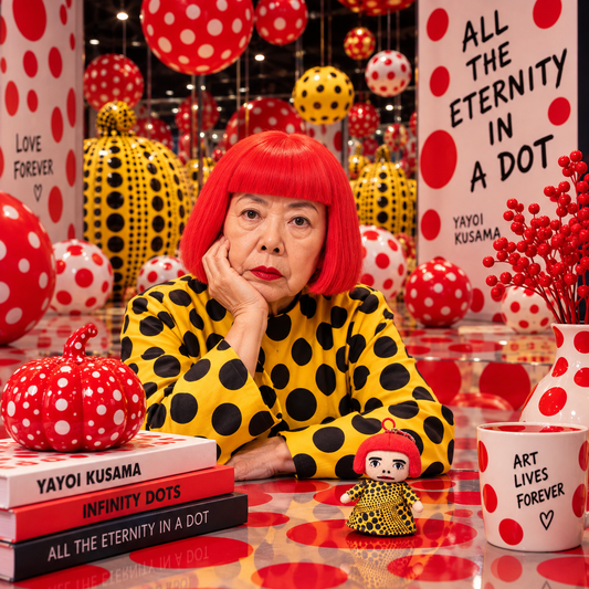 Yayoi Kusama custom plush keychain displayed in yellow and black polka dot contemporary art setting