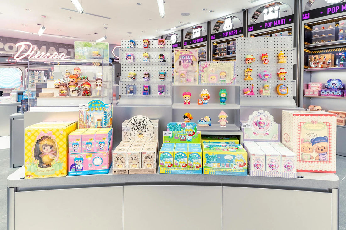Colourful Pop Mart blind boxes and designer toy figures on display