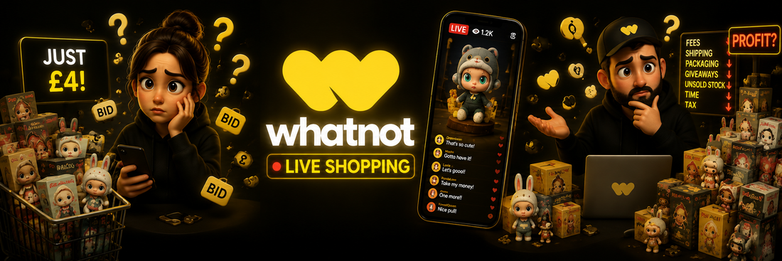Whatnot live shopping app promotional banner featuring blind box collectibles and bid prices