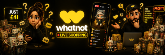 Whatnot live shopping app promotional banner featuring blind box collectibles and bid prices