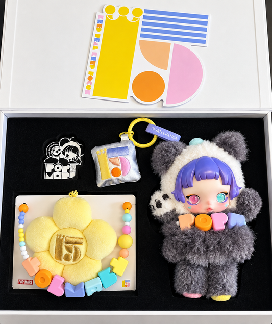 POP MART SKULLPANDA 15th Anniversary Keep Real Keep Focus gift box open with plush doll and accessories