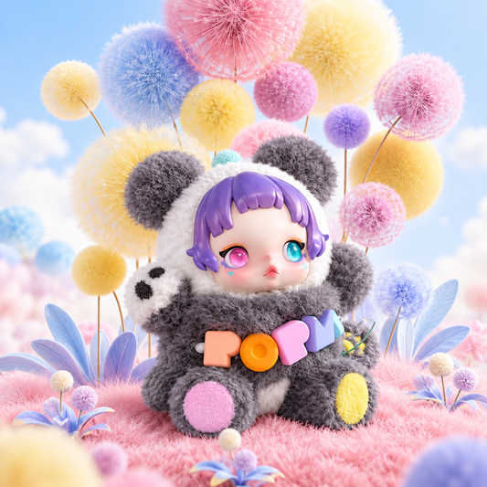 POP MART SKULLPANDA 15th Anniversary plush doll in grey panda outfit displayed in pastel flower scene