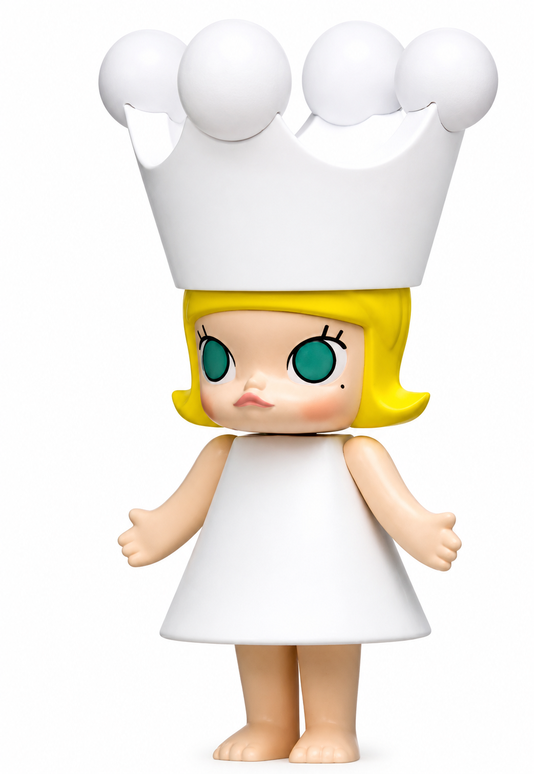 Three-quarter view of the POP MART MEGA Royal MOLLY 150% figure with blonde hair, green eyes and blank white outfit.