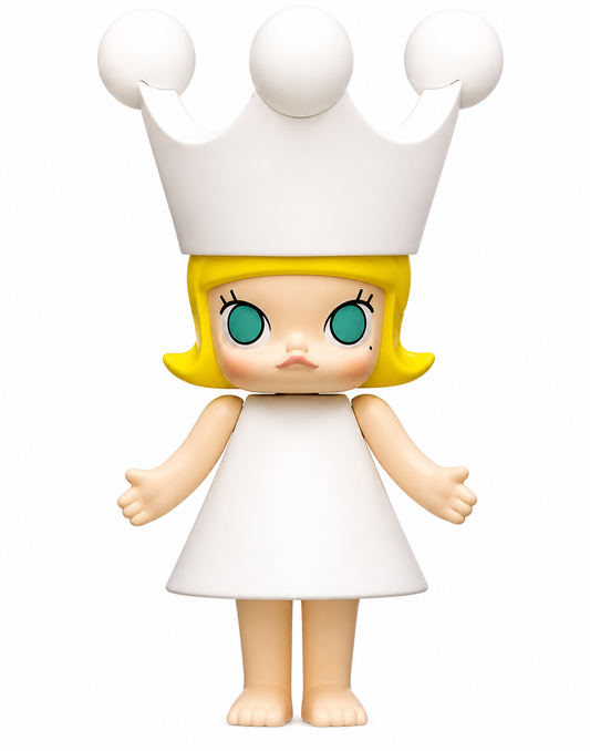 Front view of the POP MART MEGA Royal MOLLY 150% blank paint-your-own figure with white crown and dress.