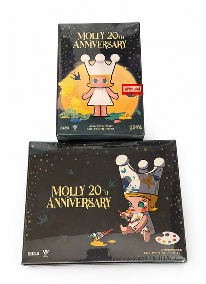 POP MART MOLLY 20th Anniversary 150% figure box and matching self-painting set box on a white background.