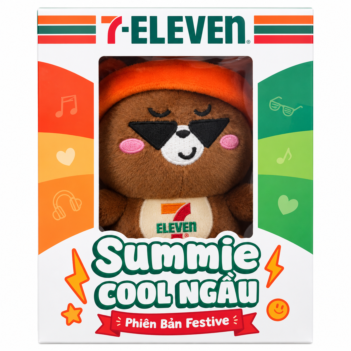 7-Eleven Vietnam Summie Cool Ngầu Festive Edition collectible bear plush in original colourful branded presentation box.