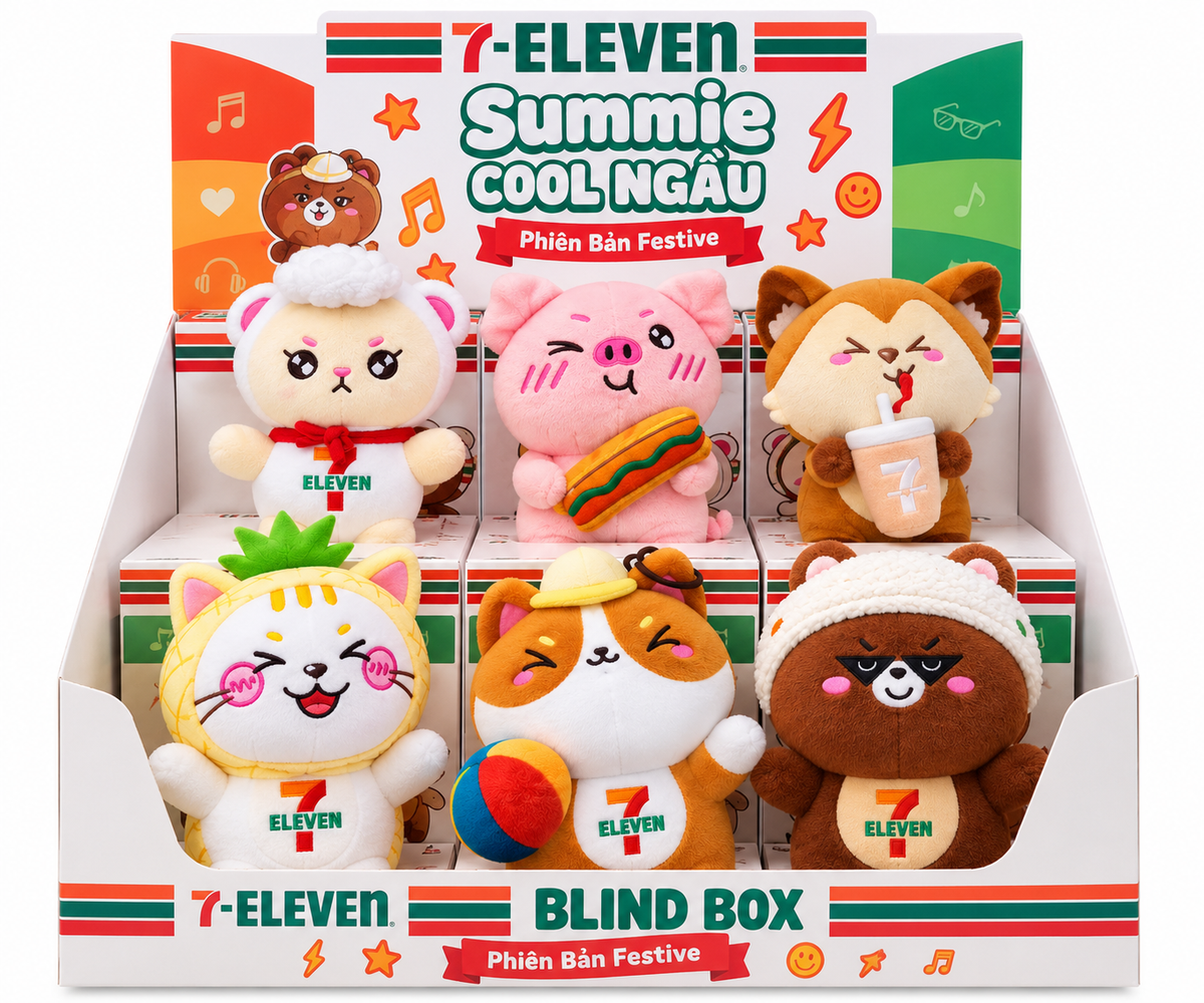 7-Eleven Vietnam Summie collectible plush characters displayed together in branded boxes, including the brown bear Festive Edition.