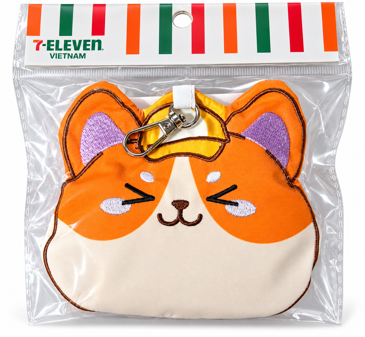 7-Eleven Vietnam exclusive Summies foldable shopping bag sealed in original packaging, featuring an orange-and-cream embroidered character pouch with metal clip.