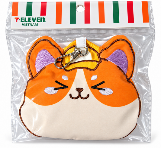 7-Eleven Vietnam exclusive Summies foldable shopping bag sealed in original packaging, featuring an orange-and-cream embroidered character pouch with metal clip.