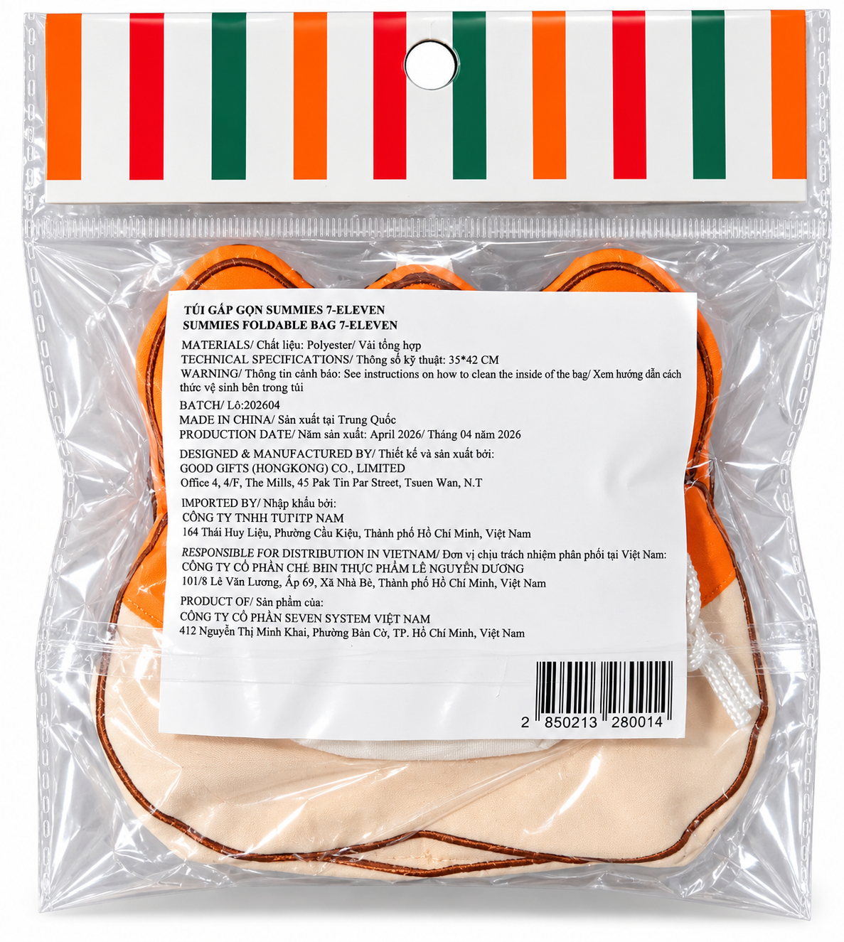 Reverse of factory-sealed 7-Eleven Vietnam Summies foldable shopping bag showing original product information, dimensions and barcode.
