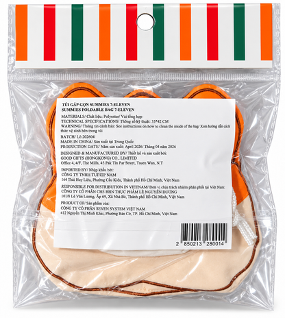 Reverse of factory-sealed 7-Eleven Vietnam Summies foldable shopping bag showing original product information, dimensions and barcode.