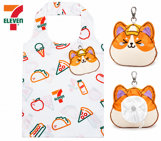 7-Eleven Vietnam exclusive Summies reusable shopping bag unfolded, featuring colourful food illustrations and matching orange-and-cream character pouch shown from front and back.