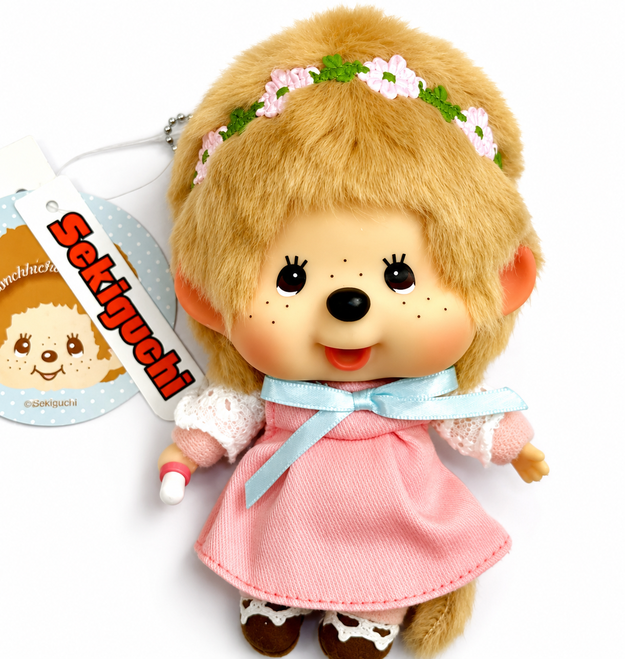 Official Monchhichi Big Head Fashion Pink Dress Girl Keychain Pendant