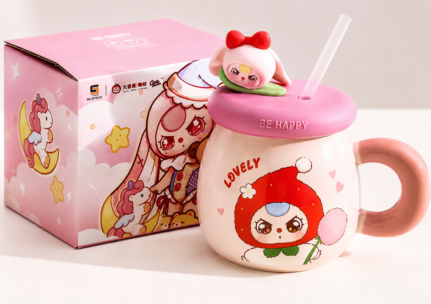Baby Three Pink Ceramic Mug / Cup with Lid and Straw