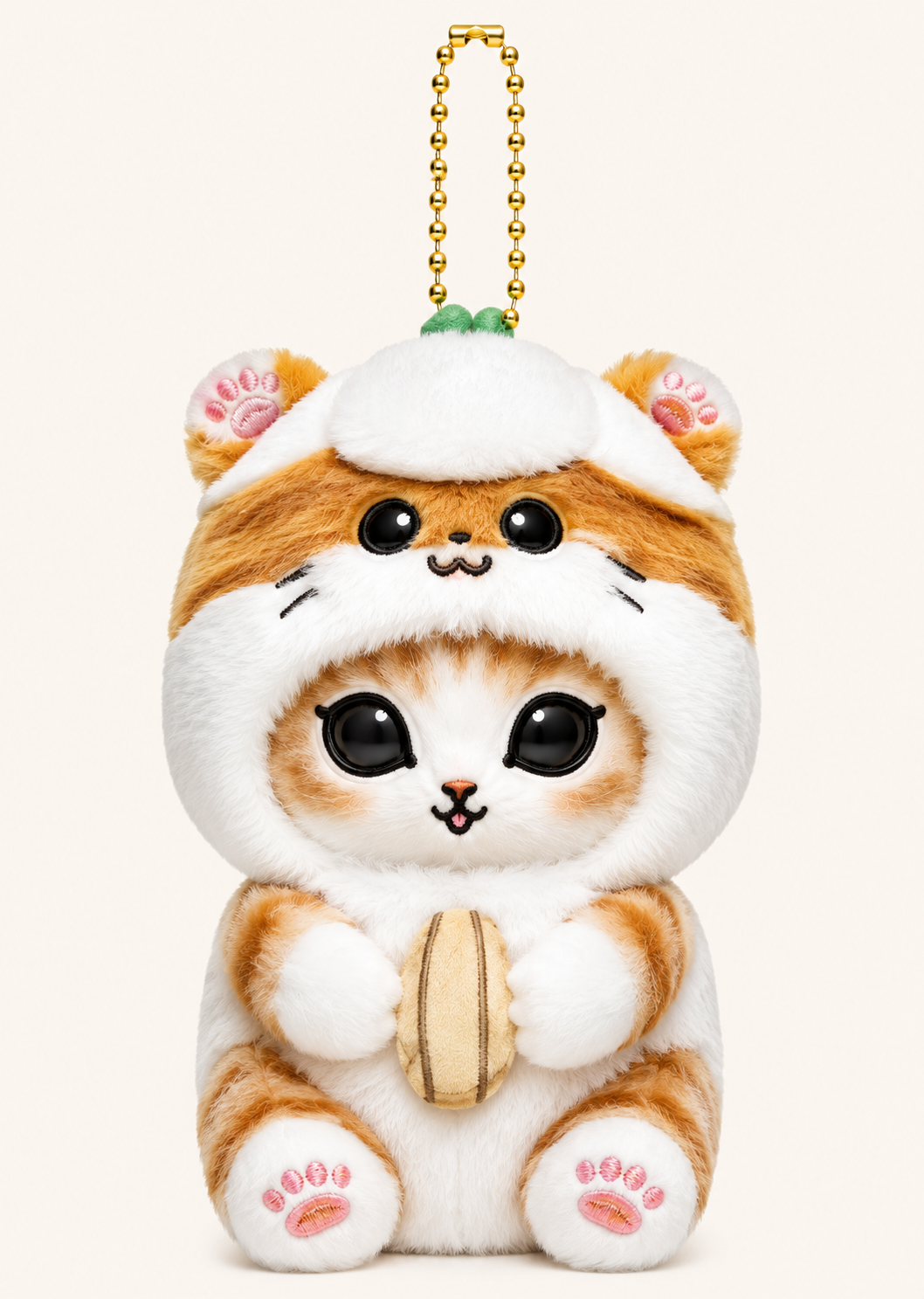 Mofusand ginger cat plush keychain wearing a cream and brown animal Corocorokuririn sanrio character costume  