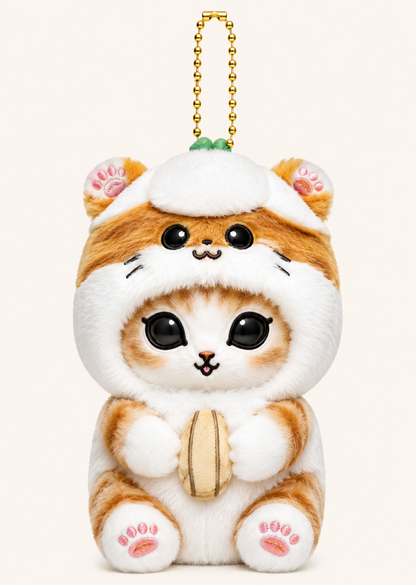 Mofusand ginger cat plush keychain wearing a cream and brown animal Corocorokuririn sanrio character costume  