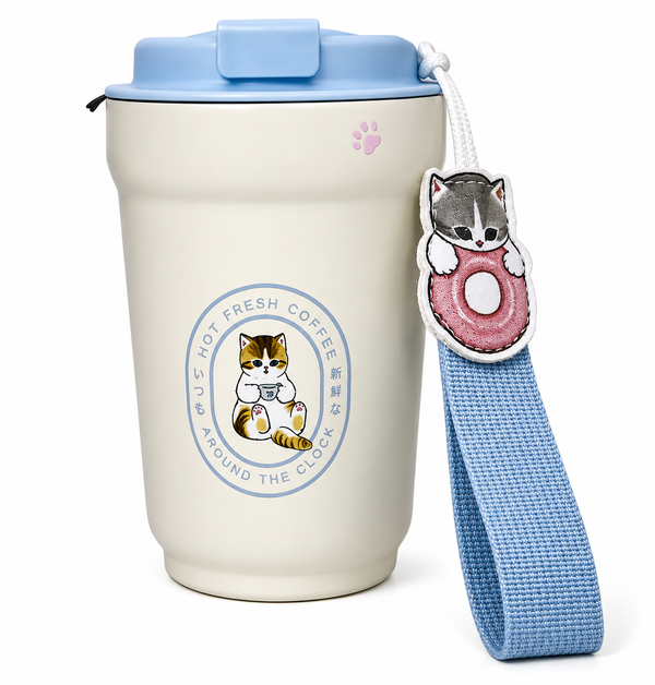 Mofusand Hot Fresh Coffee 450ml steel travel flask with blue lid and cat charm