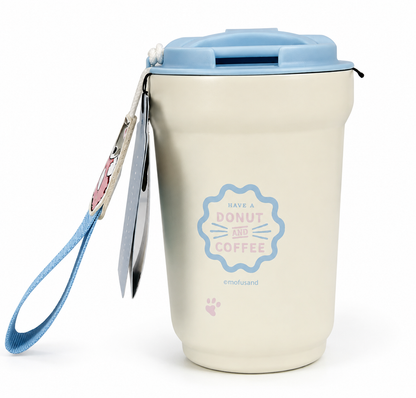 Mofusand steel travel flask showing Have a Donut and Coffee design