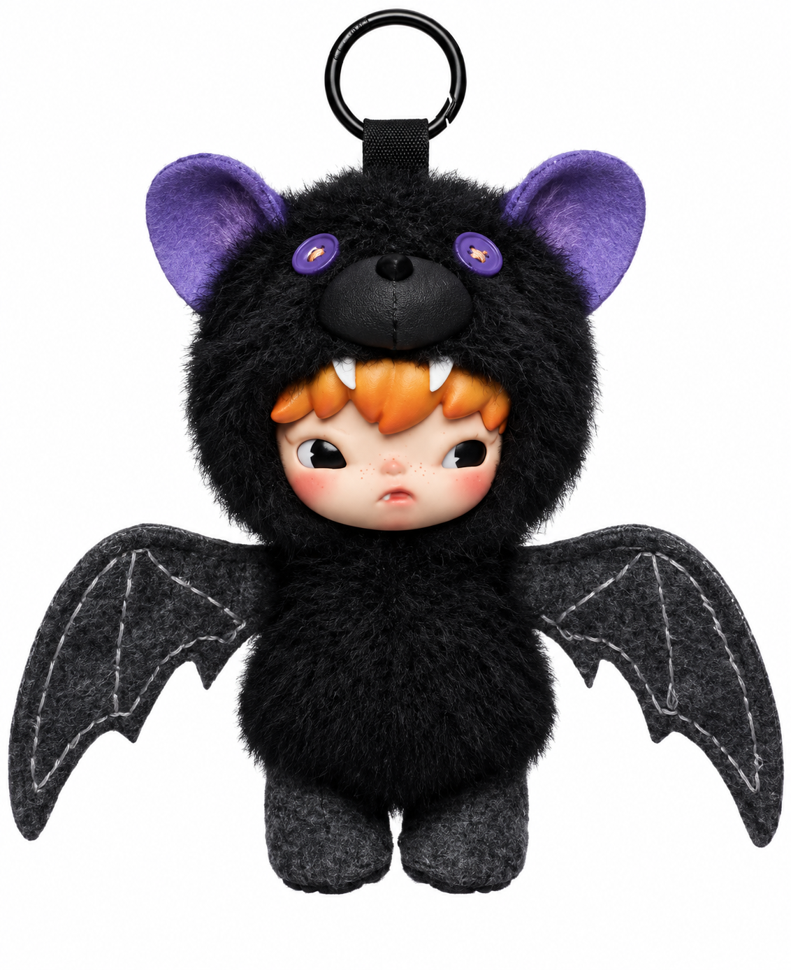 POP MART HIRONO After Dark Upside Down plush doll pendant in black bat costume with purple ears, large wings and orange hair on white background