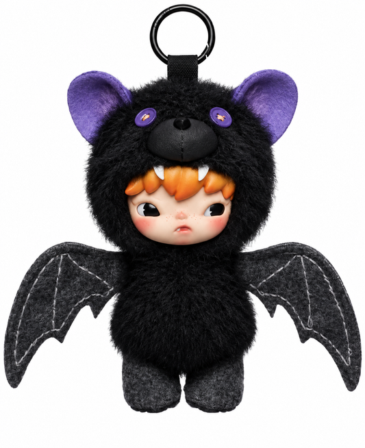 POP MART HIRONO After Dark Upside Down plush doll pendant in black bat costume with purple ears, large wings and orange hair on white background