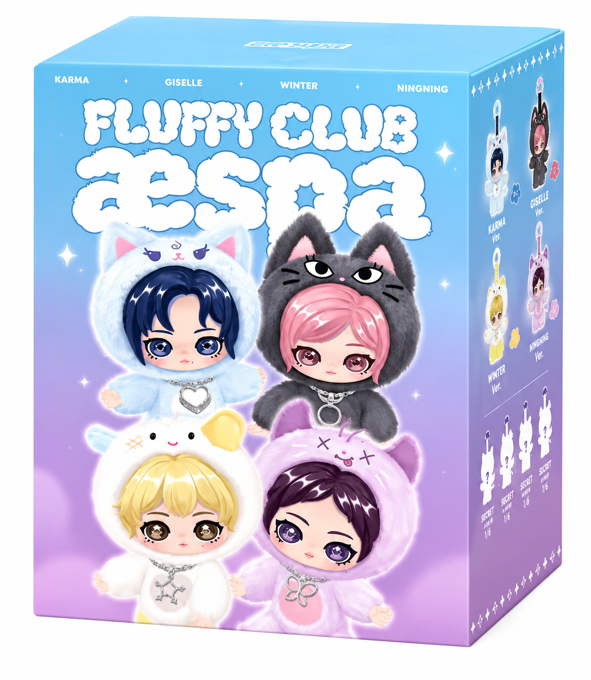 Pop Mart × aespa Fluffy Club Series collectible blind box featuring Giselle, Karina, Winter and Ningning in adorable fluffy animal costumes.