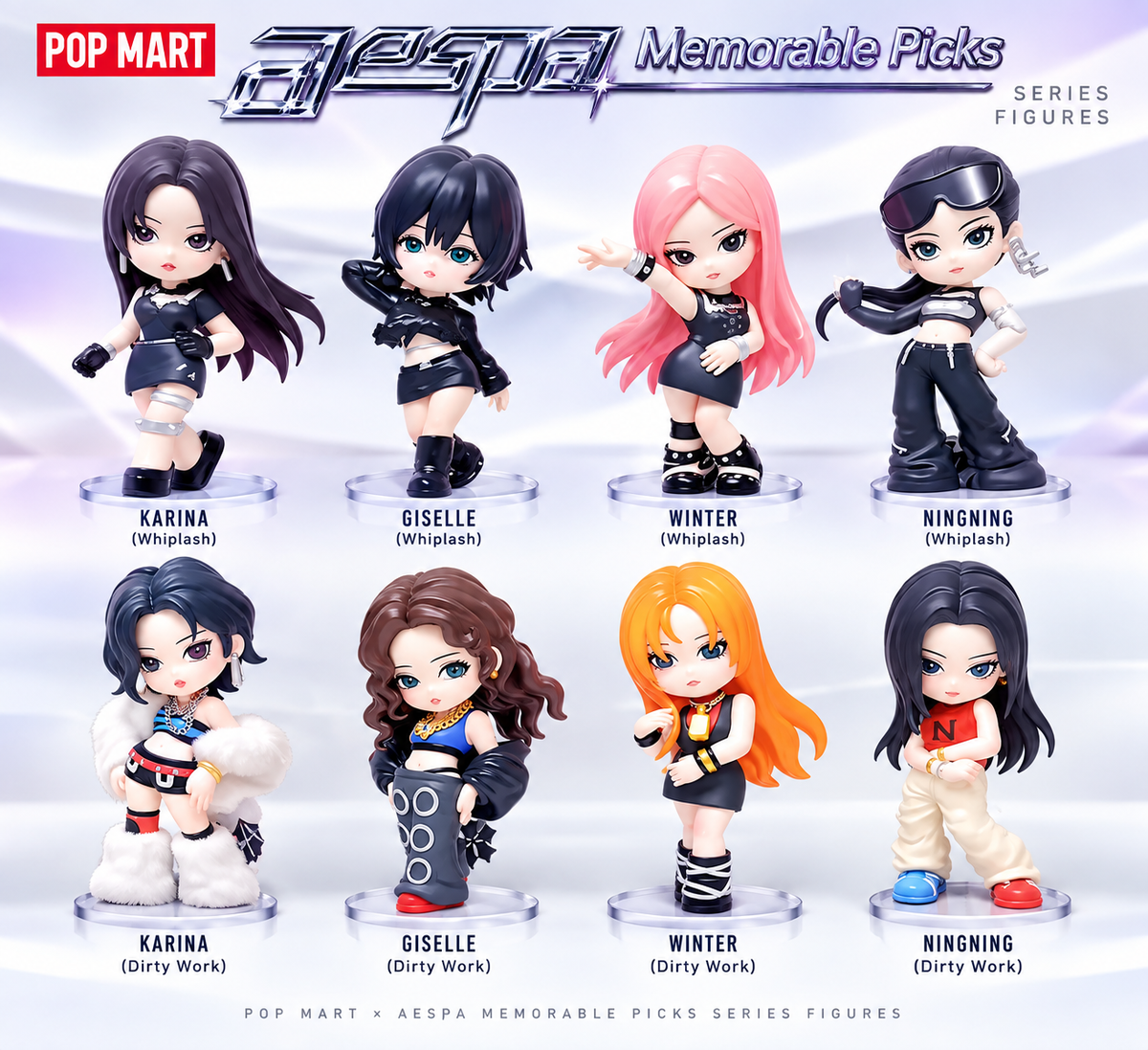 POP MART × aespa Memorable Picks Series full lineup featuring KARINA, GISELLE, WINTER and NINGNING in Whiplash and Dirty Work collectible figure designs.
