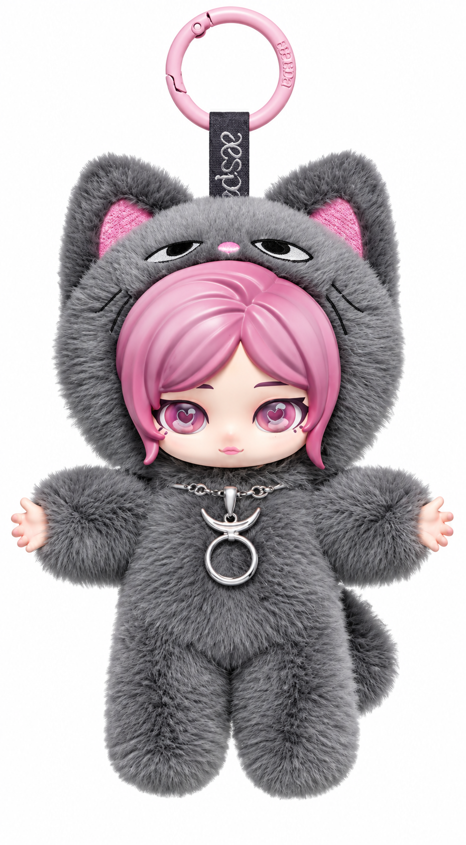 Pop Mart × aespa Fluffy Club Giselle plush bag charm with pink hair, large pink eyes, soft grey cat outfit, silver necklace and pink hanging ring against a white background.
