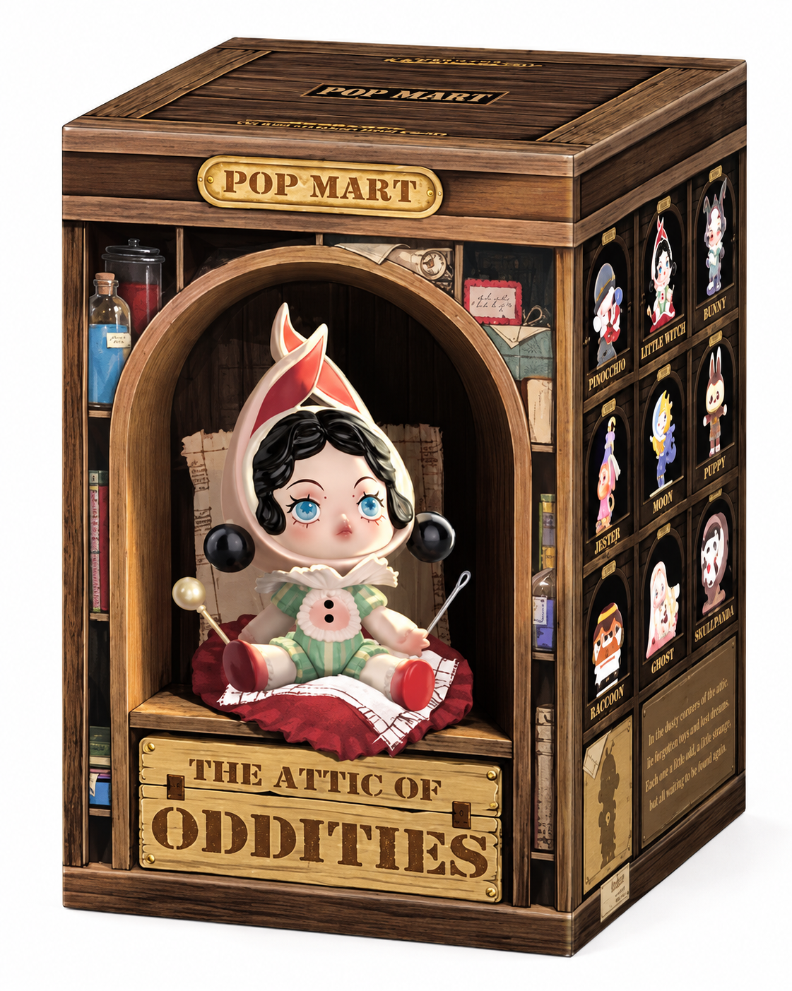 Official POP MART The Attic of Oddities Series collectible figure box featuring The Porcelain Heart character in vintage wooden attic-themed packaging.