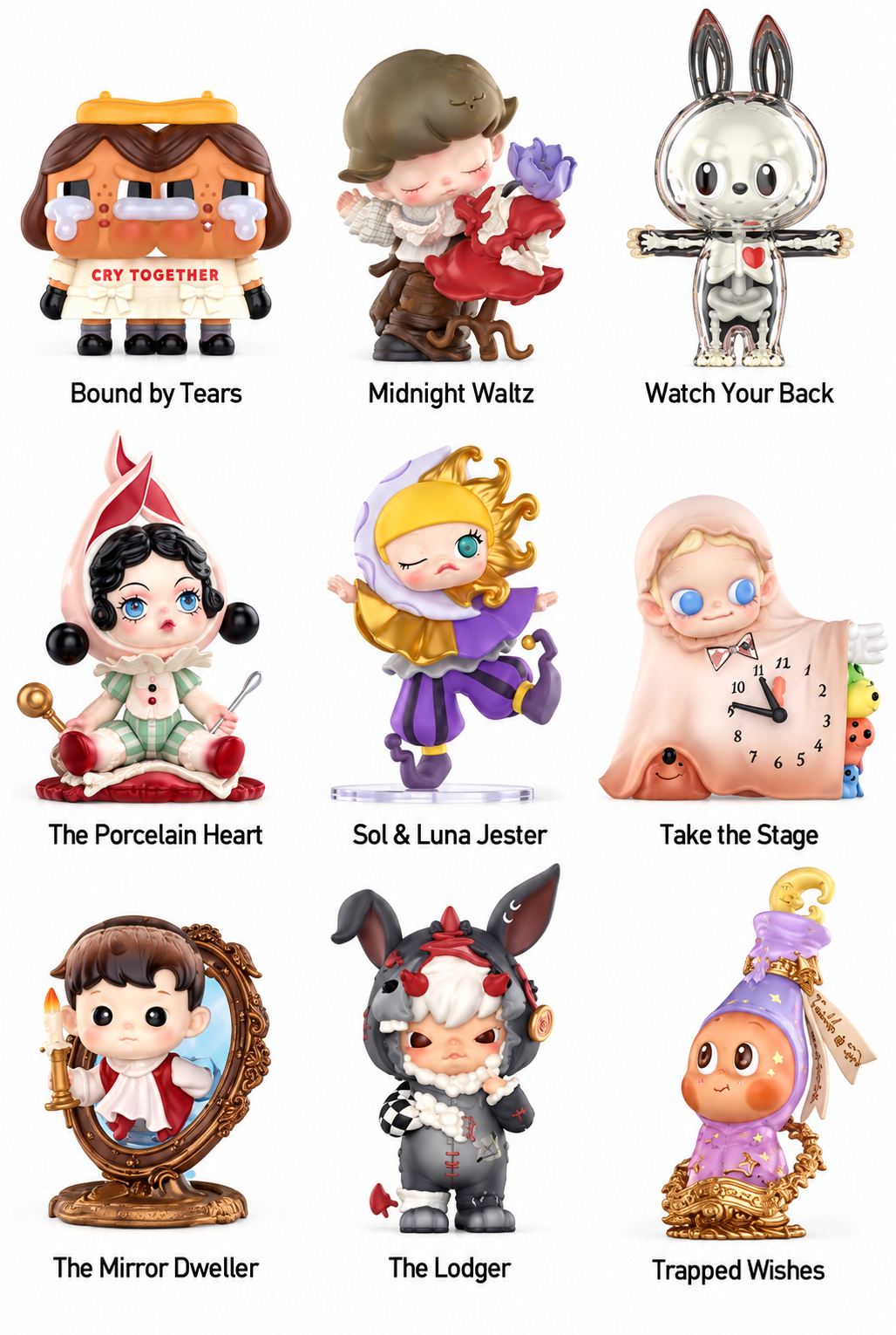 POP MART The Attic of Oddities Series showing all nine regular collectible character designs including The Porcelain Heart, Watch Your Back, Midnight Waltz and Sol & Luna Jester.