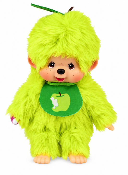 Sekiguchi Monchhichi Fruit Color Apple Green plush doll with bright green fur and apple bib front view