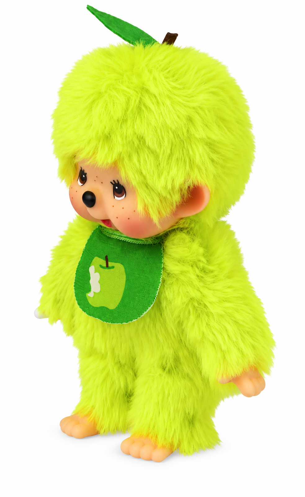 Sekiguchi Monchhichi Apple Green Fruit Color plush doll shown from the side with leaf detail and apple bib