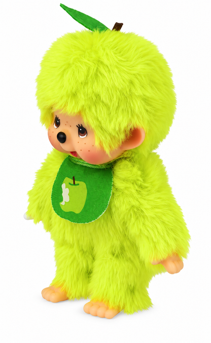 Sekiguchi Monchhichi Apple Green Fruit Color plush doll shown from the side with leaf detail and apple bib
