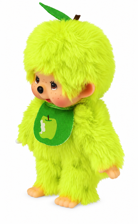 Sekiguchi Monchhichi Apple Green Fruit Color plush doll shown from the side with leaf detail and apple bib